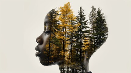 Double exposure combines face and forest. The concept of the unity of nature and man. The vitality of the human soul in nature illustration. Illustration for cover, card, interior design, poster, etc - 750147647