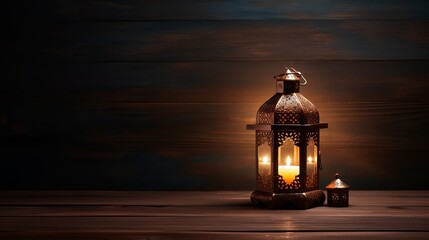 An Eid Mubarak card for Muslim Holidays celebrates Eid-Ul-Adha with lantern lighting on a wooden table against a Ramadan Kareem background, offering warm holiday greetings. - obrazy, fototapety, plakaty