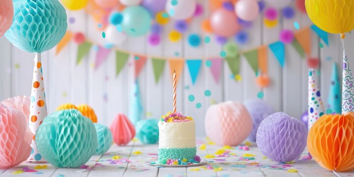 stock photo, A festive birthday setting with a cake topped with candles, surrounded by colorful balloons, gifts, and confetti on a blue backdrop