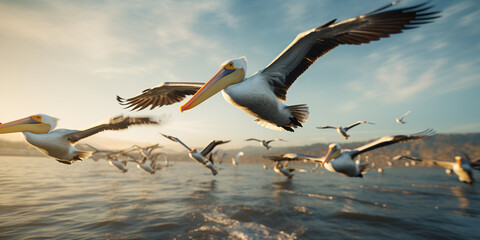 Dalmatian pelicans in the natural environment, close up, flying over a pond - obrazy, fototapety, plakaty