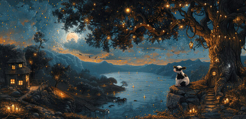a painting of a dog sitting on a rock in front of a lake with a full moon in the sky. - obrazy, fototapety, plakaty