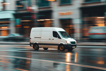 White delivery van driving down a city street
