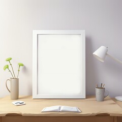 A clean white photo frame on a desk with organized workspace items including a desk lamp