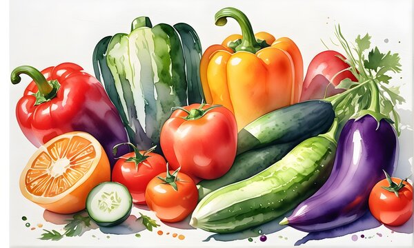 Fruit and vegetables isolated on white. Watercolor painting. Healthy lifestyle. Health and wellness concept	
