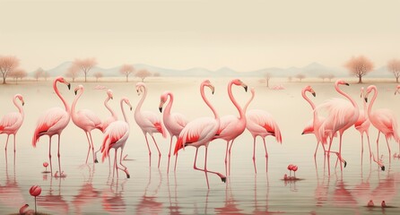 Close up of beautiful African flamingos that are standing in still water with reflection. flying over a pond - obrazy, fototapety, plakaty