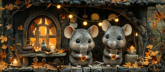 a couple of mice sitting next to each other in front of a house filled with fall leaves and lit candles.