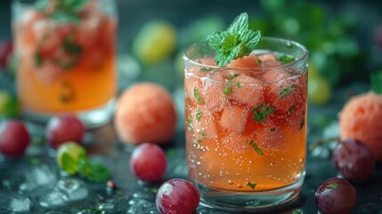 a glass filled with watermelon and mint garnish next to other garnish on a table.