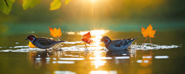 summer ducks swimming on a calm pond, reflecting a fiery sunset in the blue sky