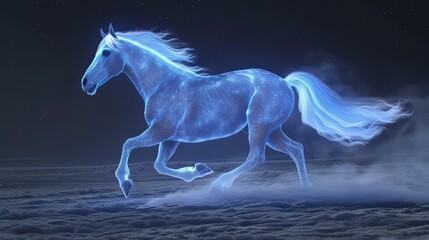 Naklejka premium The mythical horse gallops forward. The horse is glowing. Illustration for cover, card, postcard, interior design, banner, poster, brochure or presentation.