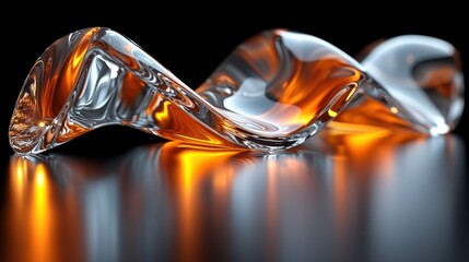 a close up of an orange glass object on a black surface with a reflection of the glass on the floor.