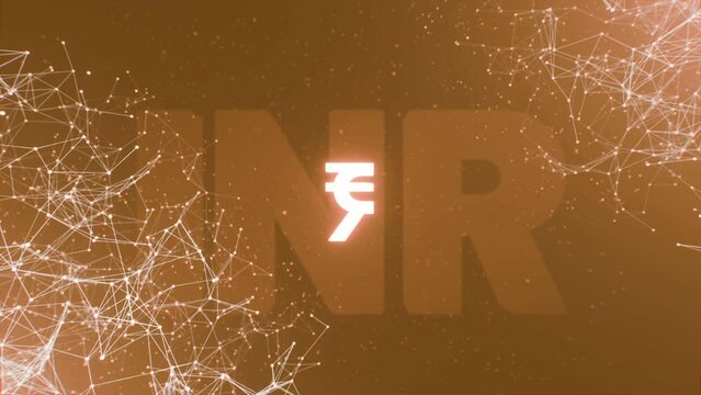 Connected moving lines and INR currency symbol. Rotating neon Indian Rupee sign