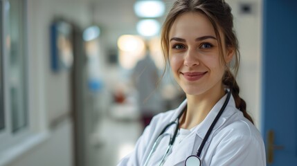 Fototapeta premium The female medic smiles, radiating warmth and professionalism in the hospital interior.