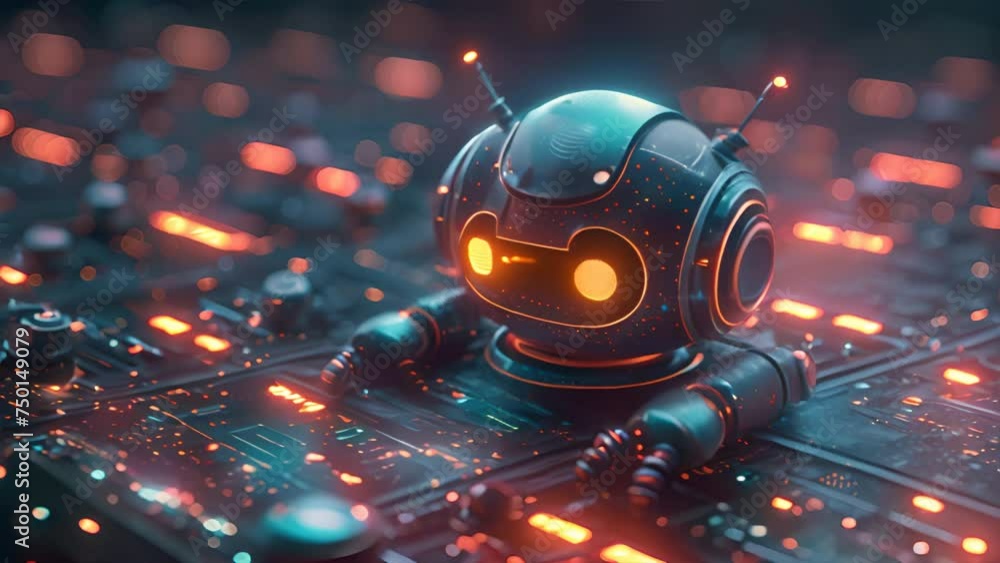 Aufkleber animated chatbot surrounded by floating communication platforms with a blue to black background