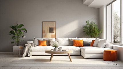 A modern living room with grey walls and a white sofa