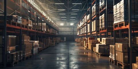 Spacious Warehouse with Boxes, Industrial Storage