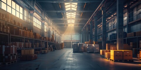 Sunlit Warehouse with Stacked Boxes