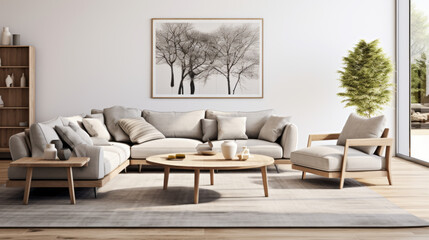 A modern living room with a soft grey sofa, a black and white rug, and a wooden coffee table