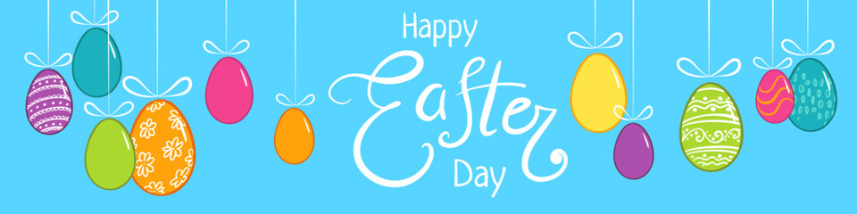 Hanging easter eggs banner on blue background. Hanging Multi-colored eggs. Chicken eggs, food. Easter, holiday seamless pattern for poster, web banner, card, frame, room decoration design