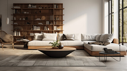 Fototapeta na wymiar A modern living room with a soft grey sofa, a black and white rug, and a wooden coffee table