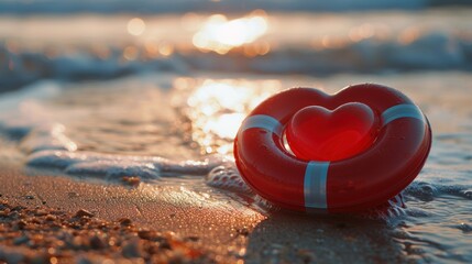 Closeup of Red Lifeguard Ring with Heart on the beach at sunset representing the lifesaving love protection emotional safety, unconditional love and saving nature concept background with copy space - obrazy, fototapety, plakaty