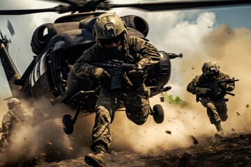 In a whirl of sand, a helicopter lands as special forces soldiers mobilize, depicting the intensity and preparedness of a military maneuver.