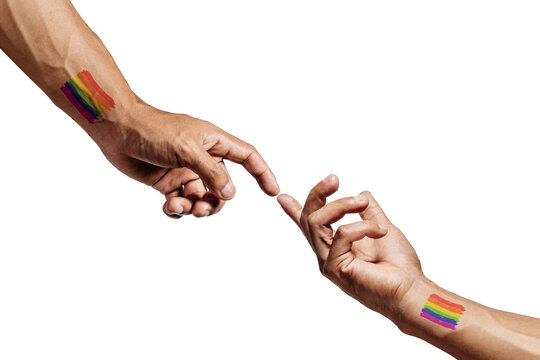 Tattooed hands with rainbow colors, about to touch, representing unity and celebration. Pride Month