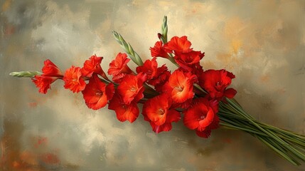  a painting of a bunch of red flowers on a gray and yellow background with a white stripe on the bottom of the picture and a green stem in the middle of the picture.