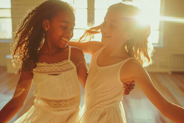 Energetic young two interracial girls dancing side by side.