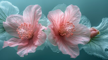  a couple of pink flowers sitting on top of a green leaf covered ground with water droplets on the bottom of the petals and the middle of the petals, and the top of the petals.
