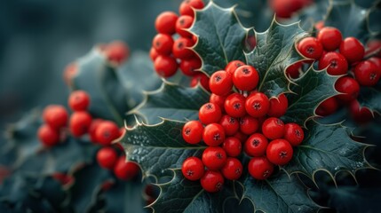  a close up of a bunch of red berries on a green leafy plant with green leaves and red berries on the top of the leaves of the plant and red berries on the top of the plant. - obrazy, fototapety, plakaty