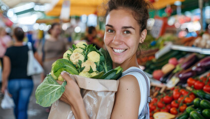 smiling Female holding paper package with fresh vegetables on farmer's market,