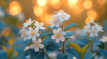  a group of white flowers sitting on top of a lush green leaf covered forest filled with lots of bright yellow and blue light shining on the back of the sun.