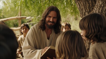 Jesus sits under a tree, reading a book, surrounded by children, emanating warmth and wisdom on a sunny summer day.