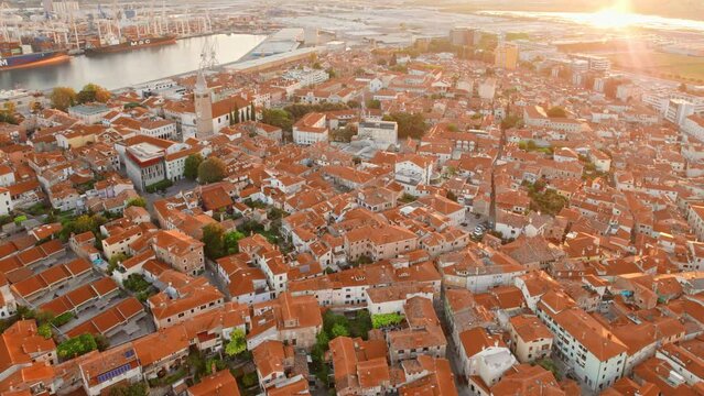 Skyline of the Koper town at sunrise, Adriatic sea coast of Slovenia