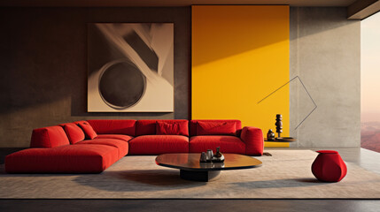 A modern living room featuring a sleek red and yellow color block design on the walls
