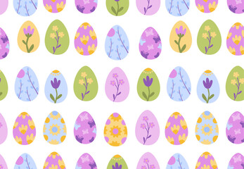 Colourful Easter eggs pattern on white background. Easter decoration. Seamless pattern for textile, wallpaper, gift wrap.