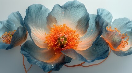 a close up of a blue flower with orange stamens  - obrazy, fototapety, plakaty