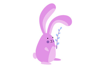 Purple cartoon bunny with a willow. Cute Easter rabbit illustration isolated on white background. Springtime and Easter greeting card, invitation, and decor concept