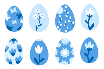 Blue Easter eggs set with floral patterns isolated on white background. Springtime celebration concept for greeting card, invitation, and festive design.