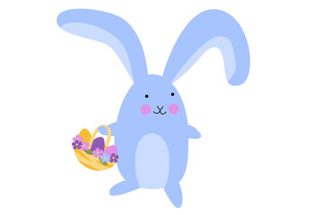 Blue cartoon Easter bunny with basket of eggs illustration. Adorable rabbit character for spring holiday concept isolated on white background, suitable for greeting card and invitation design