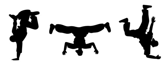 Breakdancers silhouettes in action. Digital illustration with bright colors. Street dance and hip hop culture concept for design and print