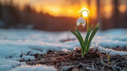  a close up of a snow covered ground with snow on the ground and a flower in the middle of the ground with the sun setting in the distance behind the trees.