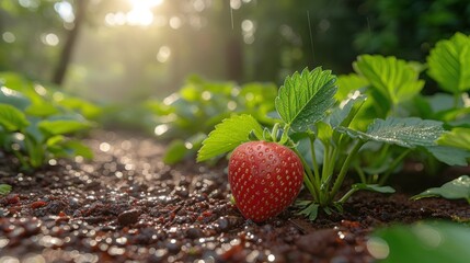  a strawberry sitting on top of a patch of dirt next to a green leafy plant with the sun shining through the leaves on the other side of the field.