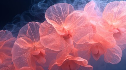  a bunch of pink flowers that are on a blue and pink background, with smoke coming out of the top of the flowers, and the bottom of the flowers in the middle of the picture.