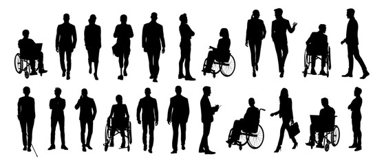 Silhouettes of diverse business people standing, walking, men, women full length, disabled persons sitting in wheelchair. Inclusive business concept. Vector illustration on transparent background. - obrazy, fototapety, plakaty