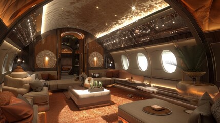 Imagine luxury airplane interior adorned with plush leather seats, elegant wood paneling, soft ambient lighting, and state-of-the-art amenities, creating an opulent and sophisticated travel experience