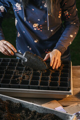 spring planting seeds in the ground, young woman prepares the soil and plants seeds from her hand in the ground, tools and garden work