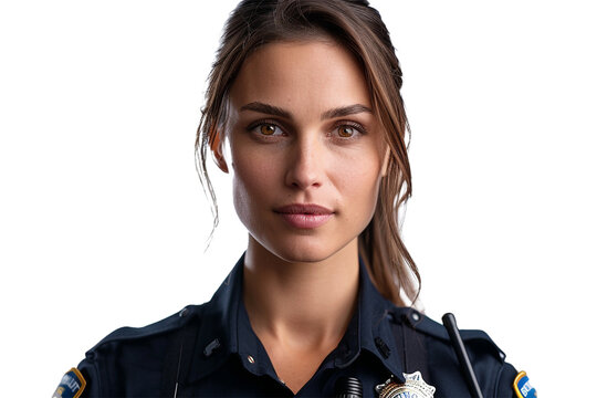 A serious portrait photo of a female police officer on a transparent background PNG format. This PNG file, with an isolated cutout object on a transparent background.