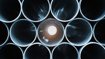 Metal or plastic pipes lie in a row as an industrial background or template for a website or page - 750151879