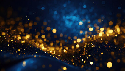 abstract background with Dark blue and gold particle. Christmas Golden light shine particles bokeh on navy blue background. Gold foil texture. - obrazy, fototapety, plakaty